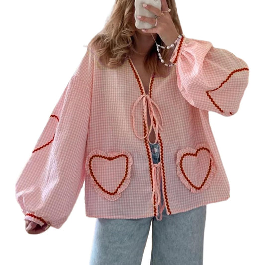 JEAAMKSSER Gingham Tie Front Blouse Tops for Women Y2K Babydoll Coquette Bow Cute Puff Shirts Long Sleeve Pink