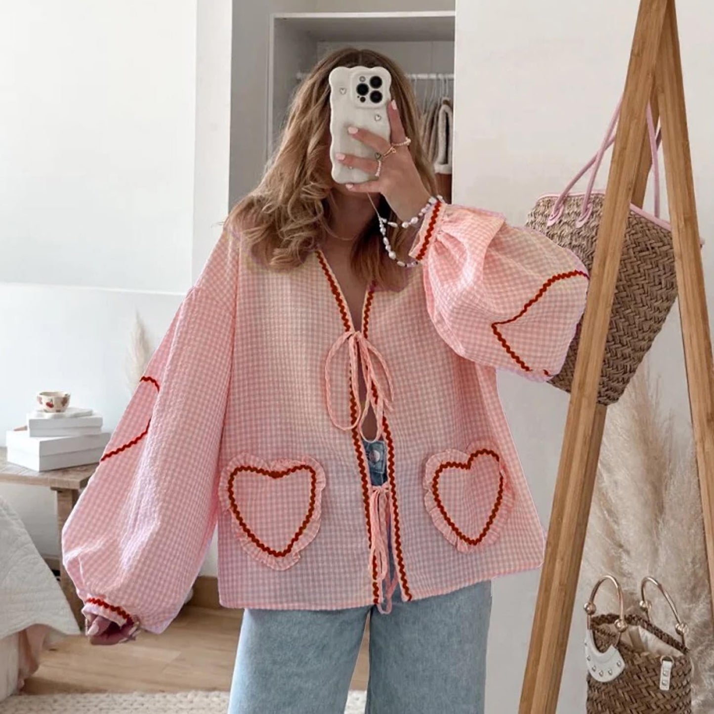 JEAAMKSSER Gingham Tie Front Blouse Tops for Women Y2K Babydoll Coquette Bow Cute Puff Shirts Long Sleeve Pink