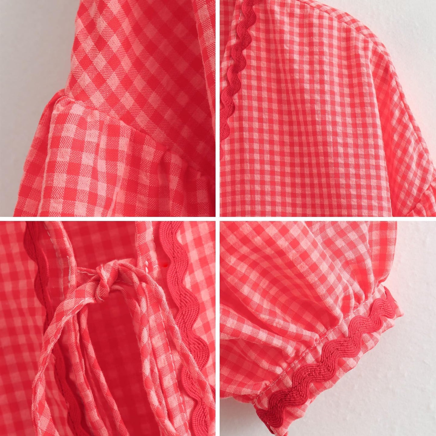 JEAAMKSSER Gingham Tie Front Blouse Tops for Women Y2K Babydoll Coquette Bow Cute Puff Shirts Long Sleeve Red